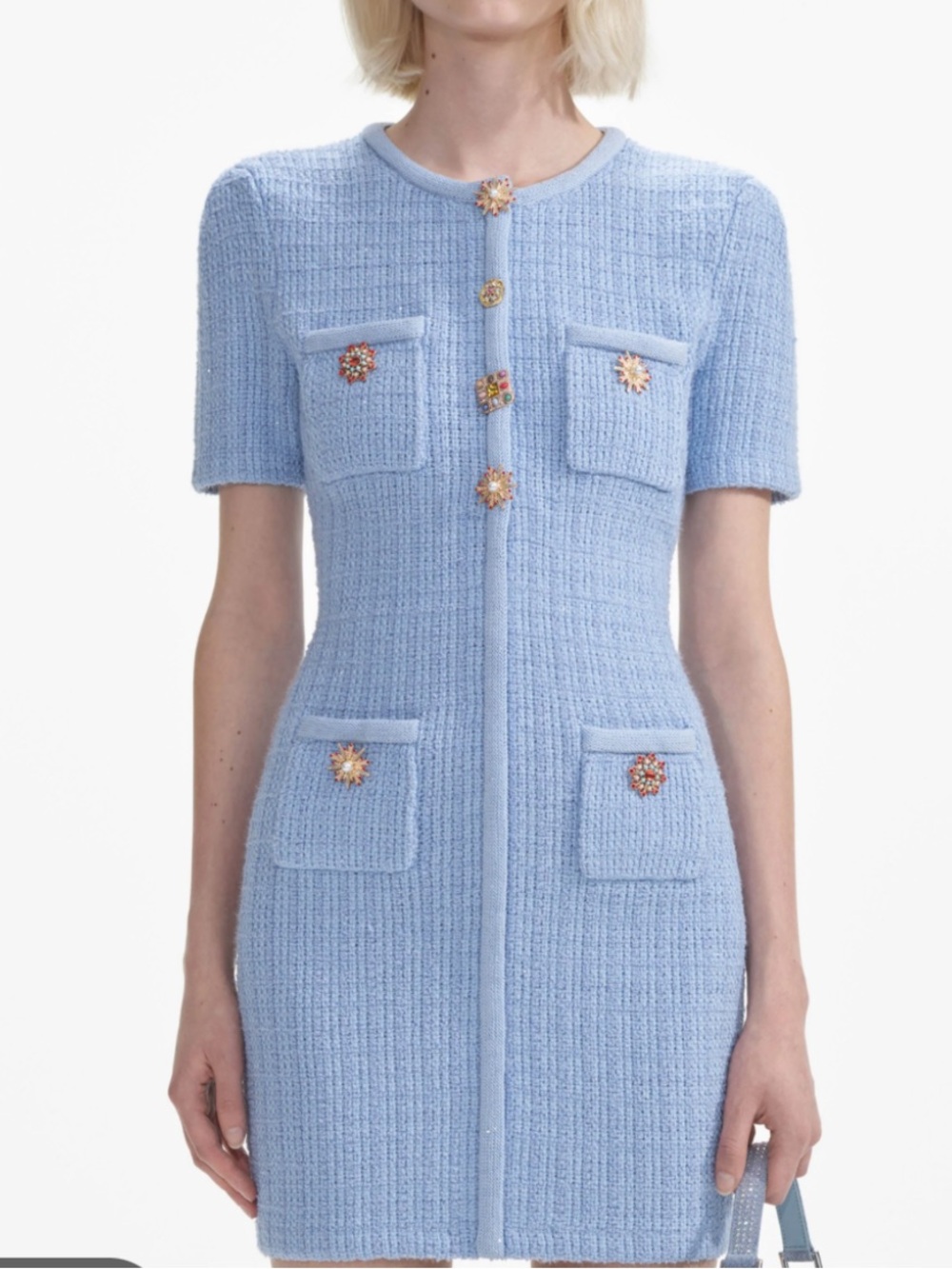 Self-Portrait Blue Jewel-Button Knit Mini Dress